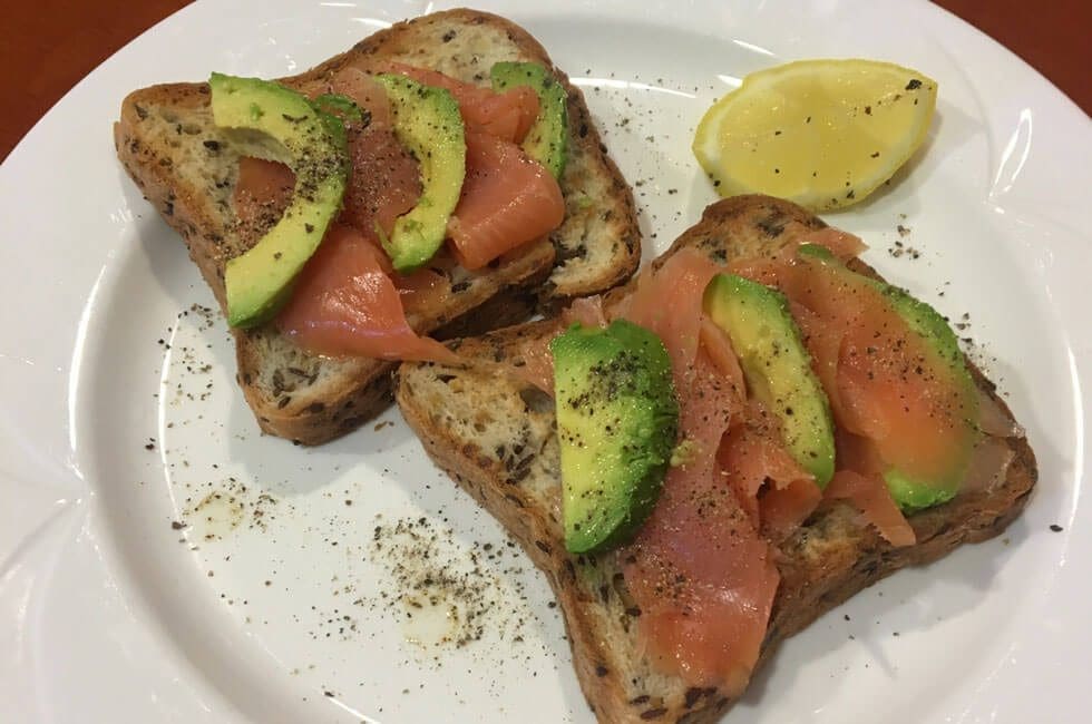 Gluten-free bread with avocado and smoked salmon