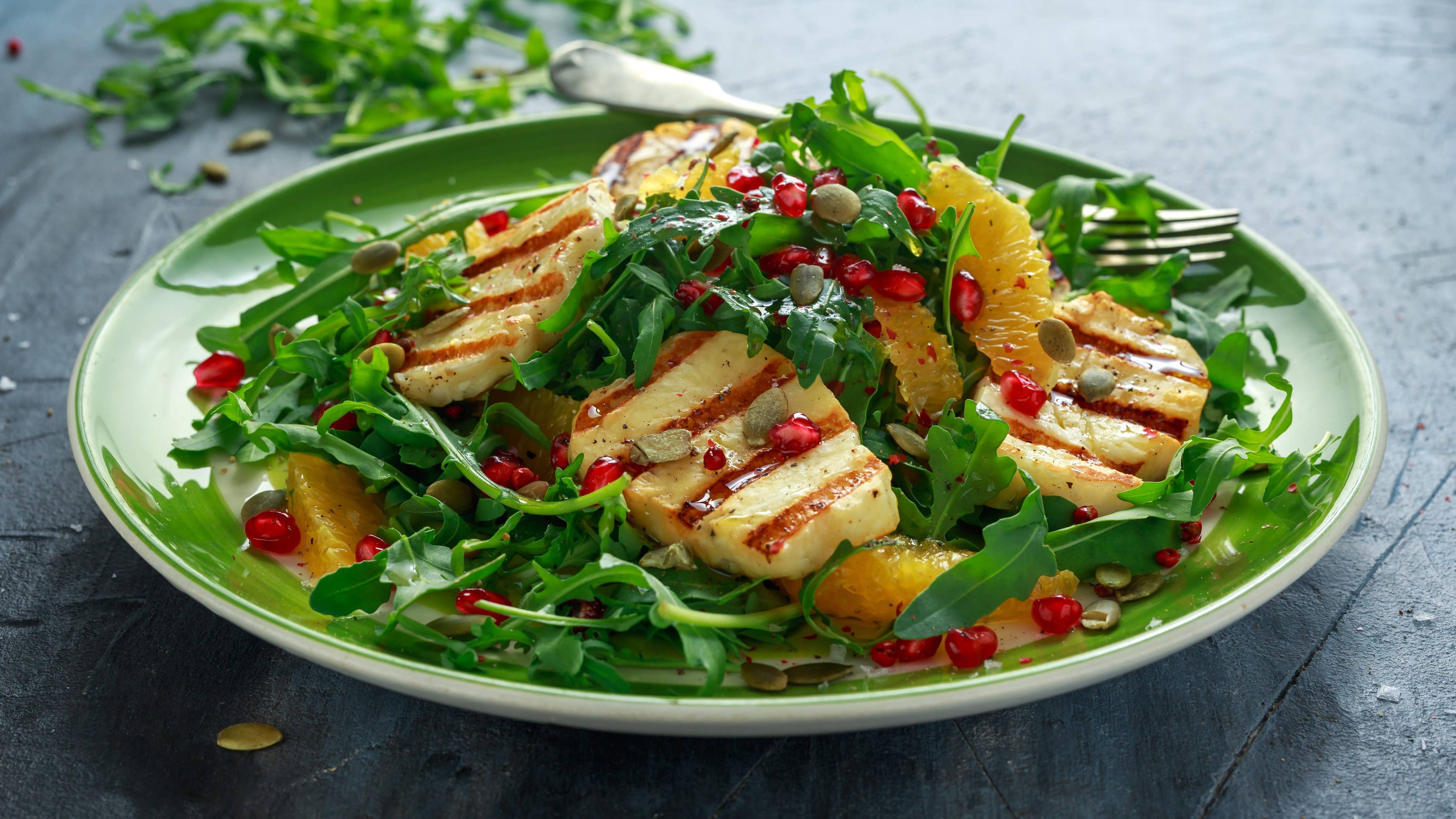 GRILLED HALLOUMI, ORANGE & PUMPKIN SEED SALAD