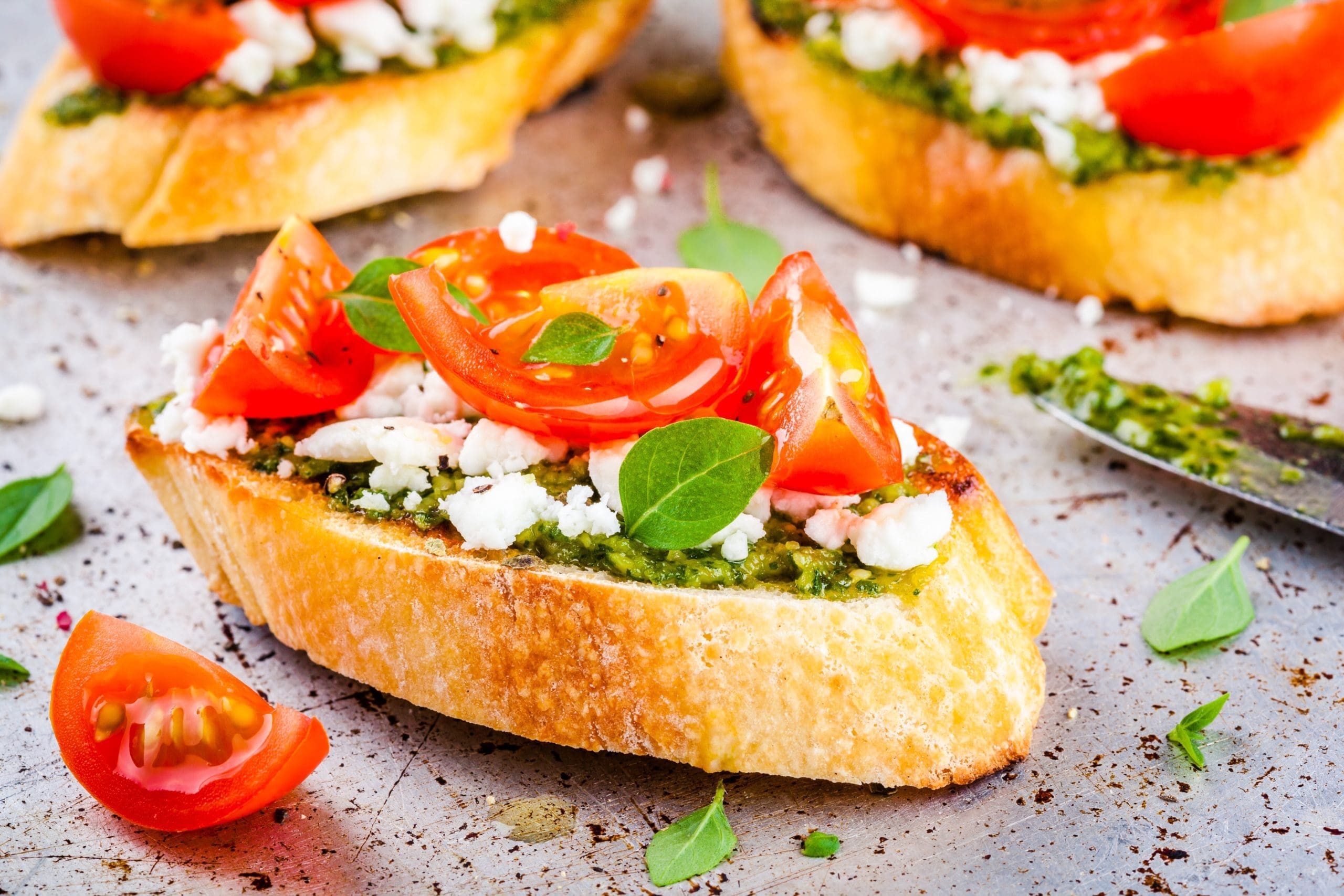BRUSCHETTA with FETA, PEAS & BASIL (V)